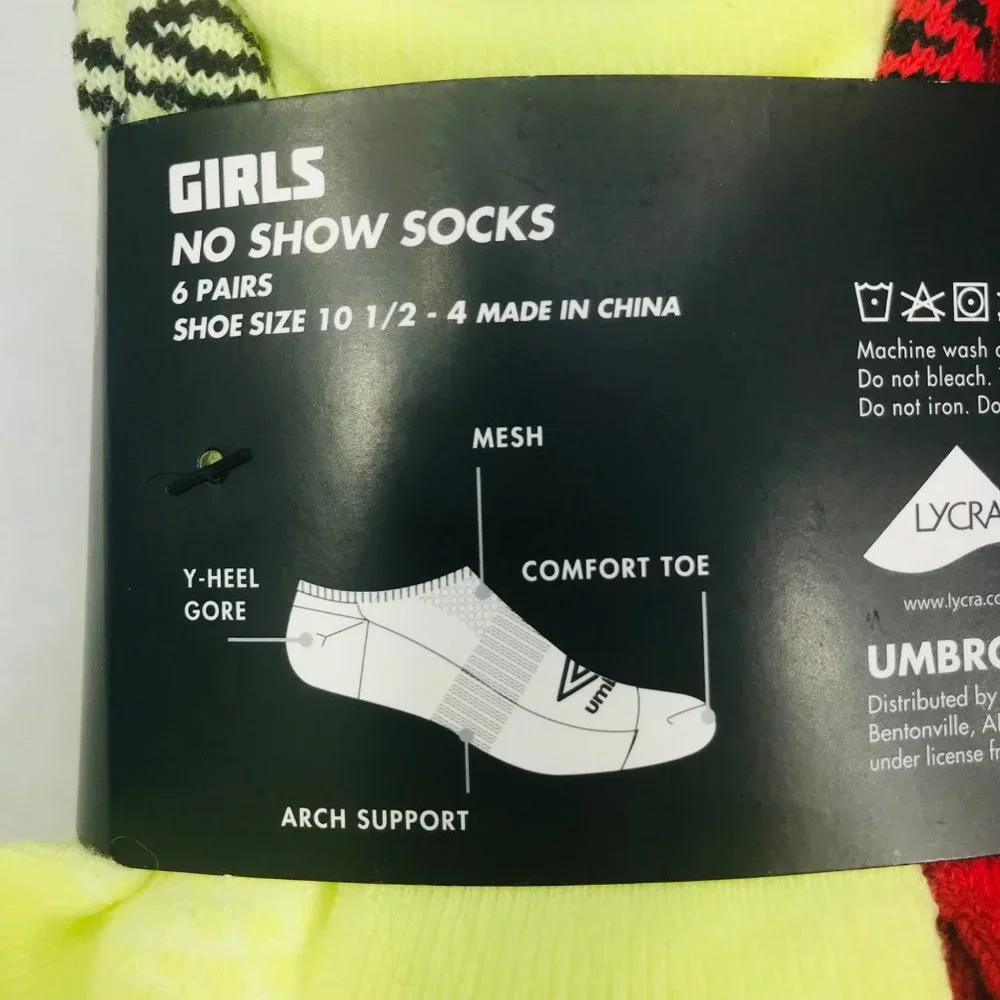 Umbro 6 Pack Girl's Shoe Size 10.5-4 No Show Tie Dye/Solid Socks Assorted Color